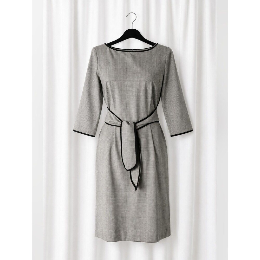 Noviello Bloom Black White Micro Houndstooth Wrap Belt Y2K Office Sheath Dress
